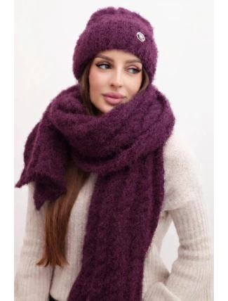 Dámský komplet čepice a šály s ozdobou pruhovaný švestkový