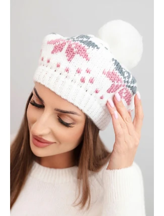 Dámská zimní čepice vlněná s motivem sněhových vloček a pomponem K457 bílá