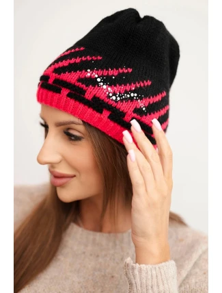 Dámská zimní čepice z vlny s geometrickým vzorem a kamínky K469 černá + fuchsie