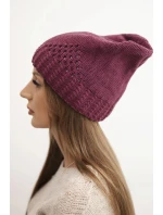 Dámská zimní čepice z vlny s ozdobným pletením a kamínky K449 tmavě fialová