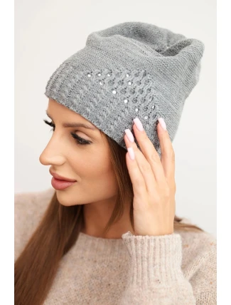 Dámská zimní čepice z vlny s ozdobným pletením a kamínky K449 šedá