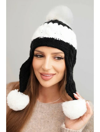 Dámská zimní čepice z vlny s bambulí a ušnicí K447 černá + bílá