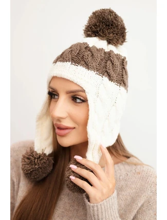 Dámská zimní čepice z vlny s bambulkami a ušnicemi K447 ecru + mocca