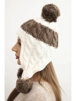 Dámská zimní čepice z vlny s bambulkami a ušnicemi K447 ecru + mocca