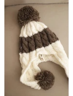 Dámská zimní čepice z vlny s bambulkami a ušnicemi K447 ecru + mocca