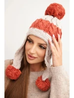 Dámská zimní čepice vlněná s bambulkami a ušima K447 béžová + hnědá