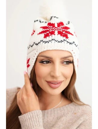 Dámská zimní čepice z vlny s motivem sněhové vločky a bambulí K450 bílá + červená