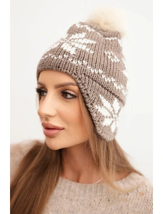 Dámská zimní čepice z vlny s motivem sněhové vločky a pomponem K450 mocca
