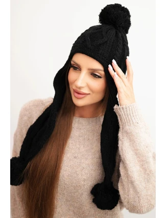 Dámská zimní pletená čepice s bambulemi a prodlouženými boky K448 černá