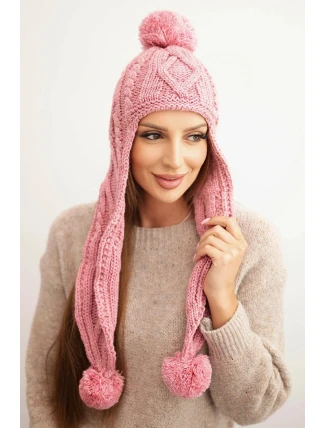 Dámská zimní čepice z vlny s bambulemi a prodlouženými boky K448 růžová Dámská zimní čepice z vlny s bambulemi a prodlouženými boky K448 růžová