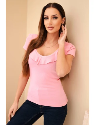 Dámská pruhovaná blůza s volánkem u výstřihu světle růžová