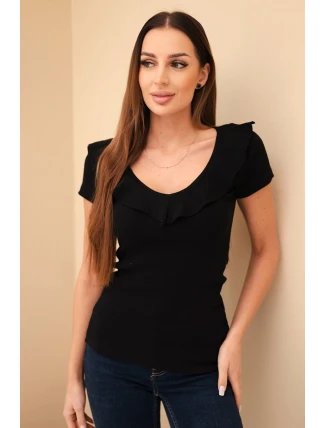 Dámská pruhovaná blůza s volánkem u výstřihu černá