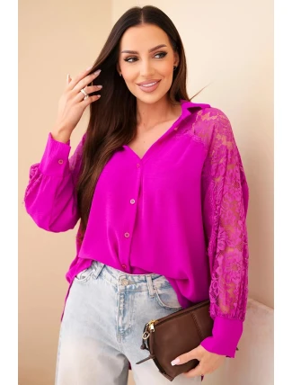Dámská viskózová košile s krajkovými rukávy a límečkem tmavě fialová