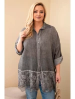 Dámská košile Plus Size bavlněná s krajkovým zakončením šedá