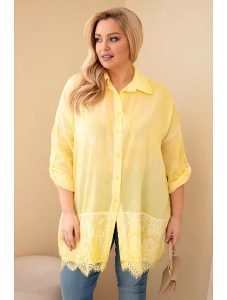 Dámská košile Plus Size bavlněná s krajkovým zakončením žlutá