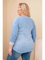 Dámská blůza Plus Size s nápisem a perličkami v modré barvě jeansová