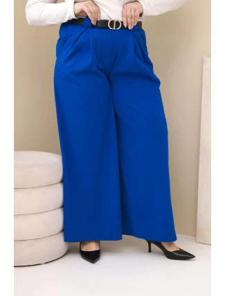 Dámské kalhoty Plus Size viskózové s širokými nohavicemi a páskem chabrové