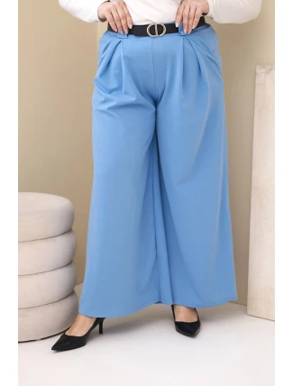 Dámské kalhoty Plus Size viskózové s širokým nohavicí a páskem modré