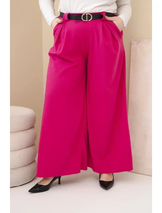 Dámské kalhoty Plus Size viskózové s širokým nohavicí a páskem fuchsie