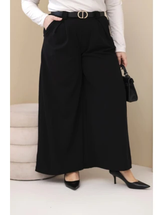 Dámské kalhoty Plus Size viskózové s širokou nohavicí a páskem černé