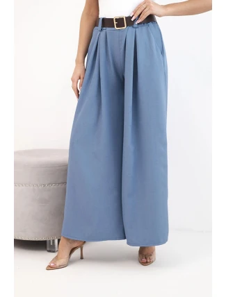 Dámské kalhoty s širokou nohavicí a páskem jeansové modré