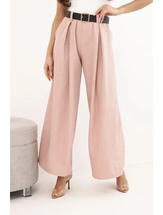 Dámské kalhoty s širokou nohavicí a páskem tmavě pudrově růžové