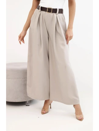 Dámské kalhoty se širokými nohavicemi a páskem tmavě béžové