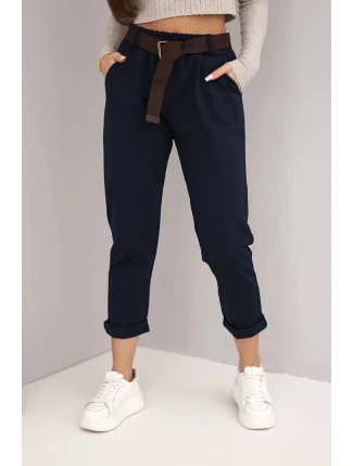 Dámské kalhoty bavlněné s páskem a ohrnutým nohavicemi granátové