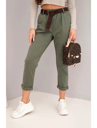 Dámské bavlněné kalhoty s páskem a ohrnutým lemem khaki