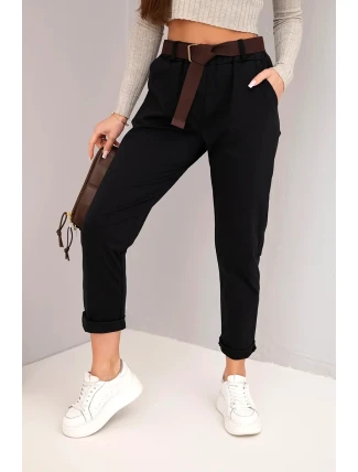 Dámské kalhoty bavlněné s páskem a ohrnutým lemem černé