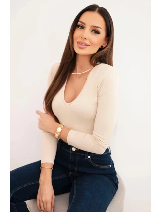 Dámská blůza s výstřihem do V a dlouhým rukávem béžová