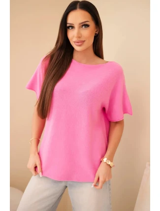 Dámský svetr s krátkým rukávem volného střihu světle růžový