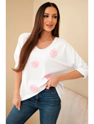 Dámská bavlněná blůza s vyšívanými květinami a V výstřihem bílý+růžový