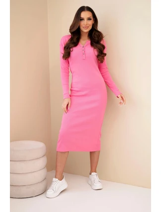 Dámská bavlněná šaty s dlouhým rukávem a dekoltem na knoflíky růžová