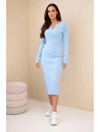 Dámská bavlněná šaty s dlouhým rukávem a knoflíkovým výstřihem modrá