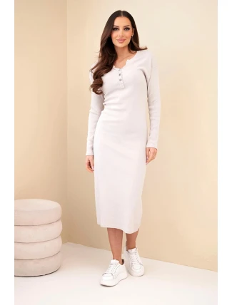 Dámská bavlněná šaty s dlouhým rukávem a dekoltem na knoflíky bežová