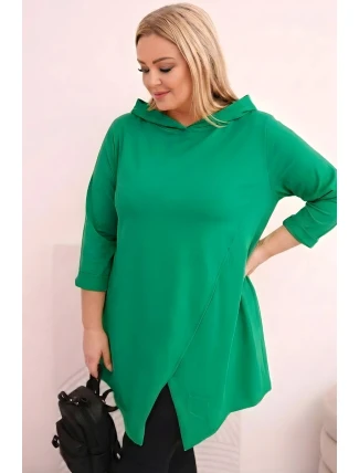 Dámská bavlněná blůza Plus Size asymetrická s ohrnutým rukávem zelená