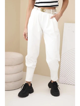 Dámské bavlněné kalhoty s vysokým pasem a páskem ecru
