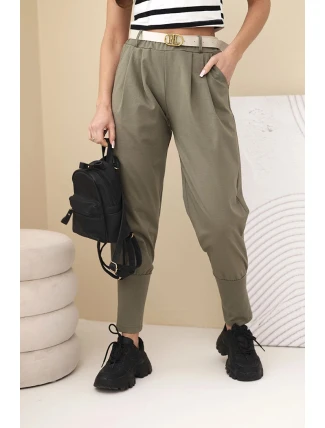 Dámské bavlněné kalhoty s vysokým pasem a páskem khaki