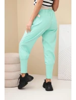 Dámské bavlněné kalhoty s vysokým pasem a páskem mátové