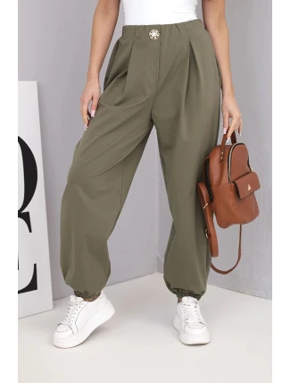 Dámské bavlněné kalhoty s vysokým pasem a ozdobným knoflíkem khaki