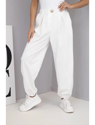 Dámské bavlněné kalhoty s vysokým pasem a ozdobným knoflíkem ecru