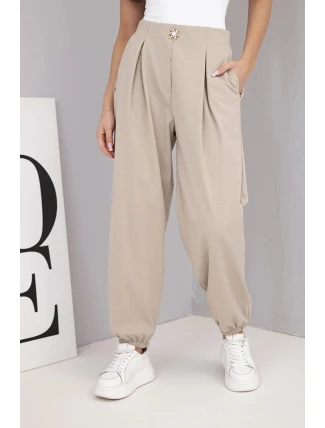 Dámské bavlněné kalhoty s vysokým pasem a ozdobným knoflíkem tmavě béžové