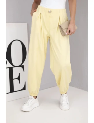 Dámské bavlněné kalhoty s vysokým pasem a ozdobným knoflíkem žluté
