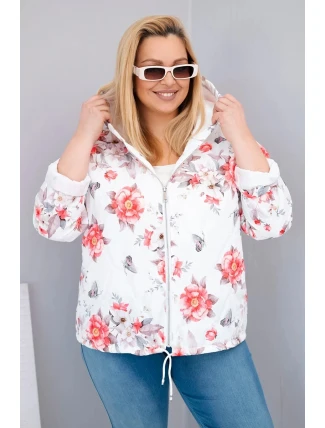 Dámská jarní prošívaná bunda Plus Size s kapucí a květinovým vzorem bílá