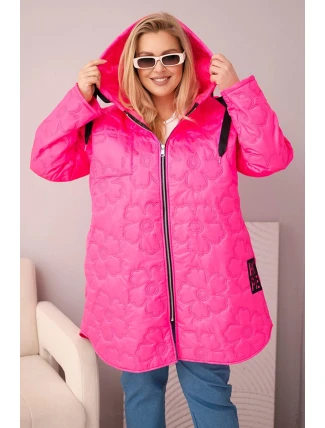 Dámská bunda Plus Size prošívaná s kapucí a nápisem HOPE růžový neon Dámská bunda Plus Size prošívaná s kapucí a nápisem HOPE růžový neon