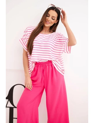 Dámský komplet z viskózy s pruhovanou blůzou a širokými kalhotami s gumou fuchsie