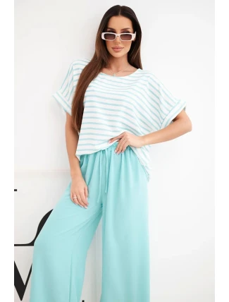 Dámský viskózový komplet s pruhovanou blůzou a širokými kalhotami s gumou mátový