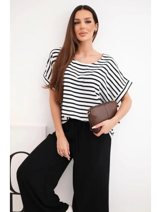 Dámská viskózová souprava s pruhovanou blůzou a širokými kalhotami s gumou černý