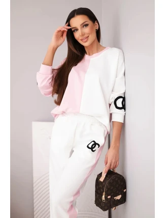 Dámský teplákový komplet Masełko dvoubarevný s oversized mikinou a rovnými kalhotami pudrově růžový+bílý